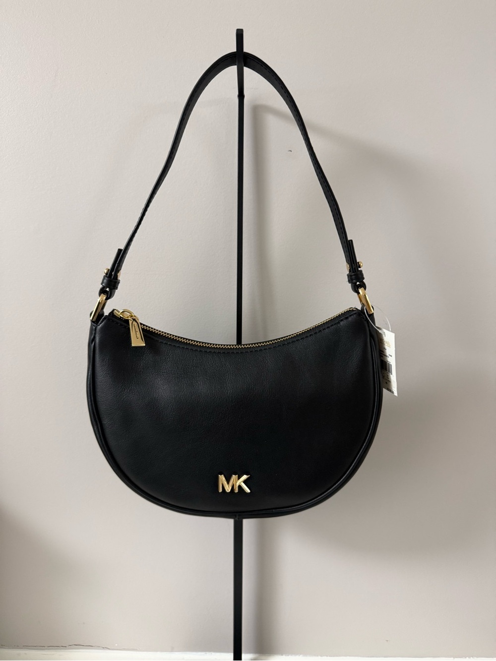 Michael Kors Black Leather Crescent Shoulder Bag with Gold Hardware